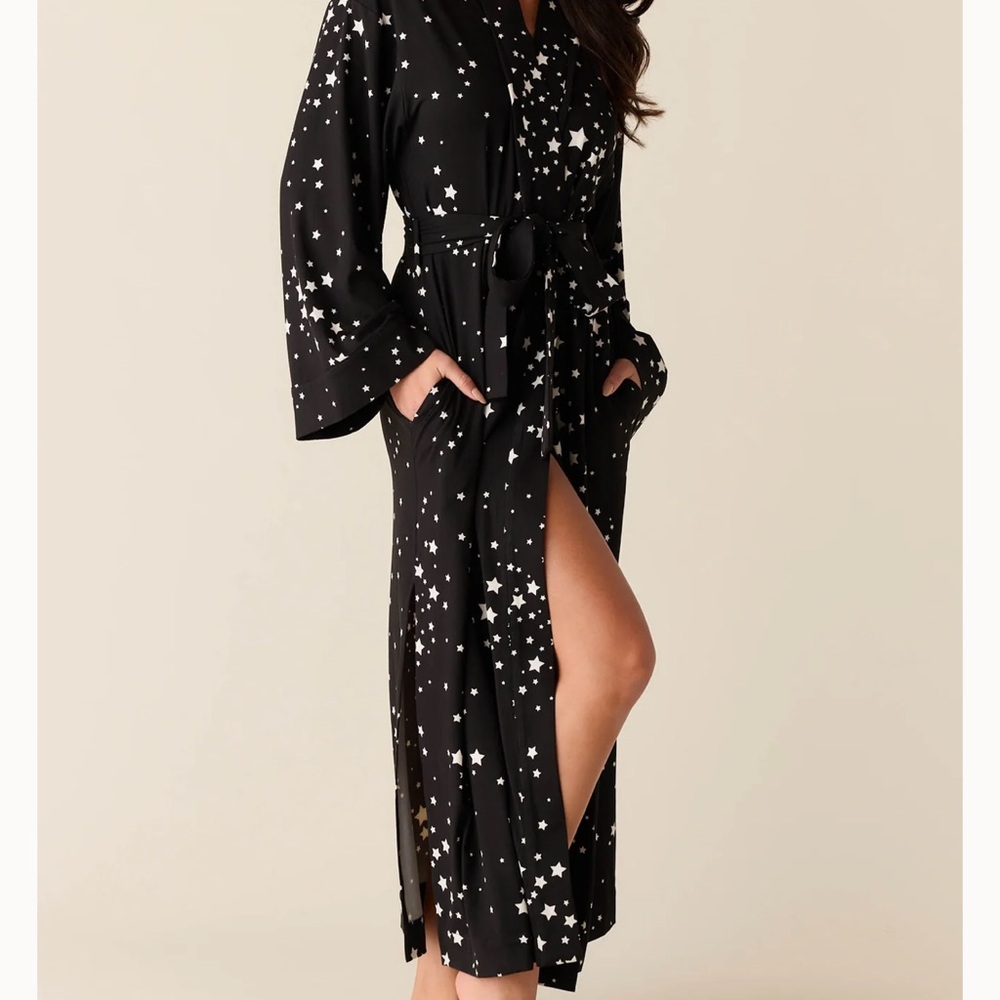 Star Print Black Long Satin Robe with Belt